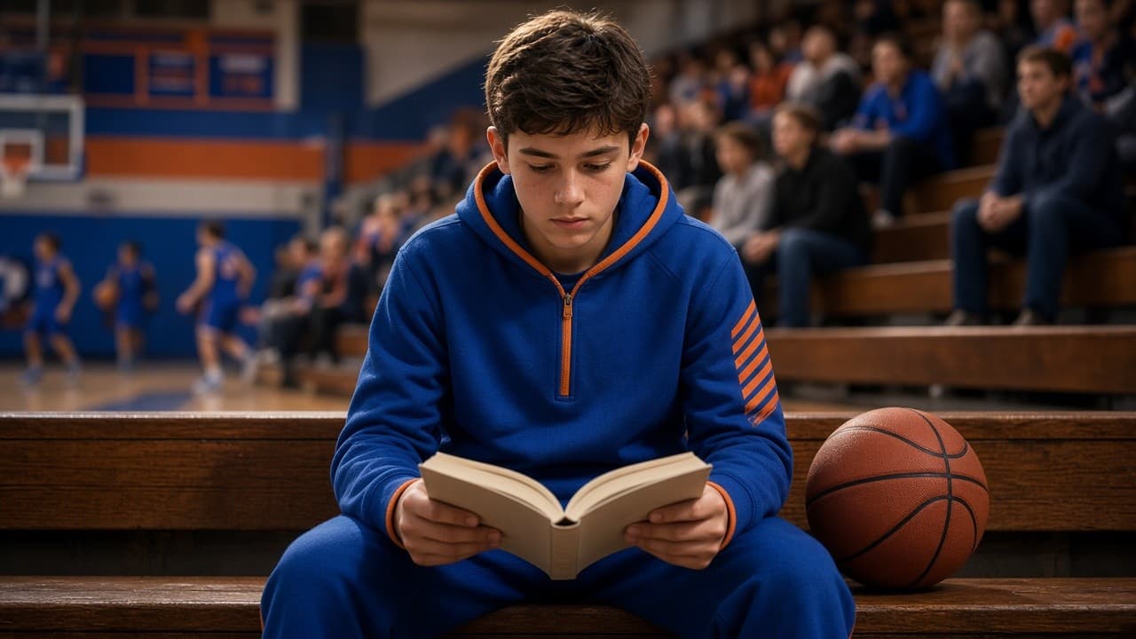 Student athlete reading on the bleachers